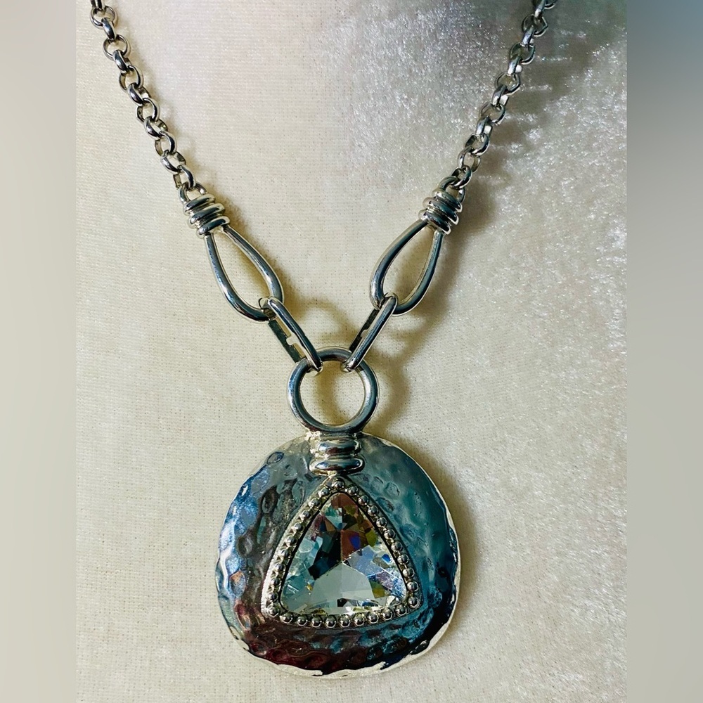 Vintage Silver Plated Pendant Necklace with Triangular Rhinestone